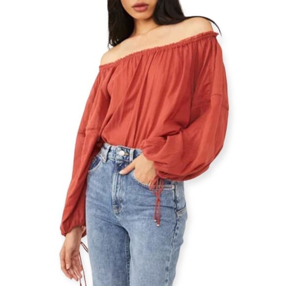 Free People Tops - Free People Red Clay Orange Red Solid Sundown Boho Bodysuit Size Small